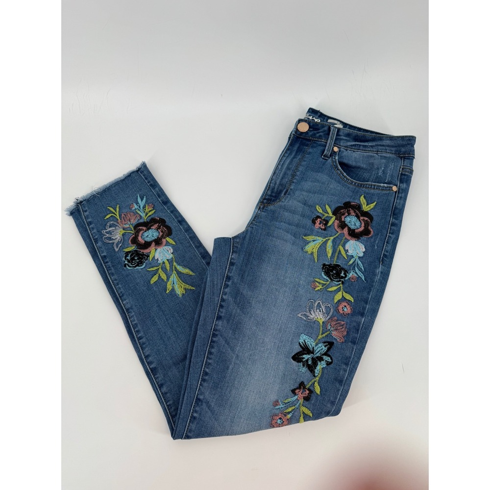 Seven7 Womens Floral Embroidered Skinny Jeans Medium Wash Raw Hem High Rise